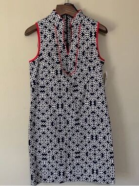 Jessica Howard Navy and White Geometric Sleeveless Shift Dress with Coral Trim